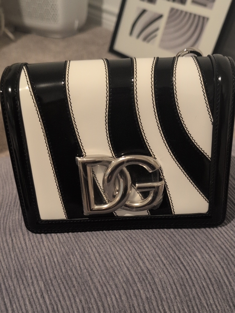 Dolce & Gabbana Black and White Striped Crossbody Bag with Silver DG Logo